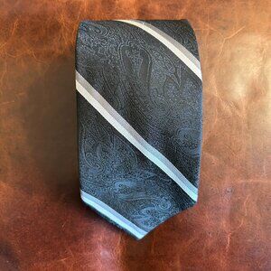 Oscar de la Renta Studio Men's Tie Black Paisley Silk Jacquard Silver Stripe USA